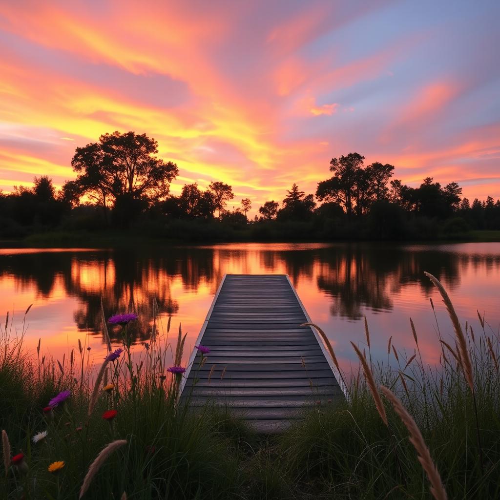 A serene landscape featuring a vibrant sunset over a calm lake, with trees silhouetted against the sky