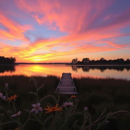 A serene landscape featuring a vibrant sunset over a calm lake, with trees silhouetted against the sky