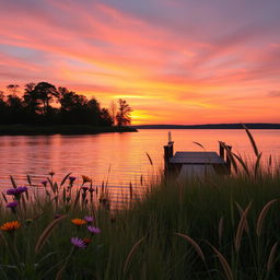 A serene landscape featuring a vibrant sunset over a calm lake, with trees silhouetted against the sky