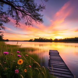 A serene landscape featuring a vibrant sunset over a calm lake, with trees silhouetted against the sky