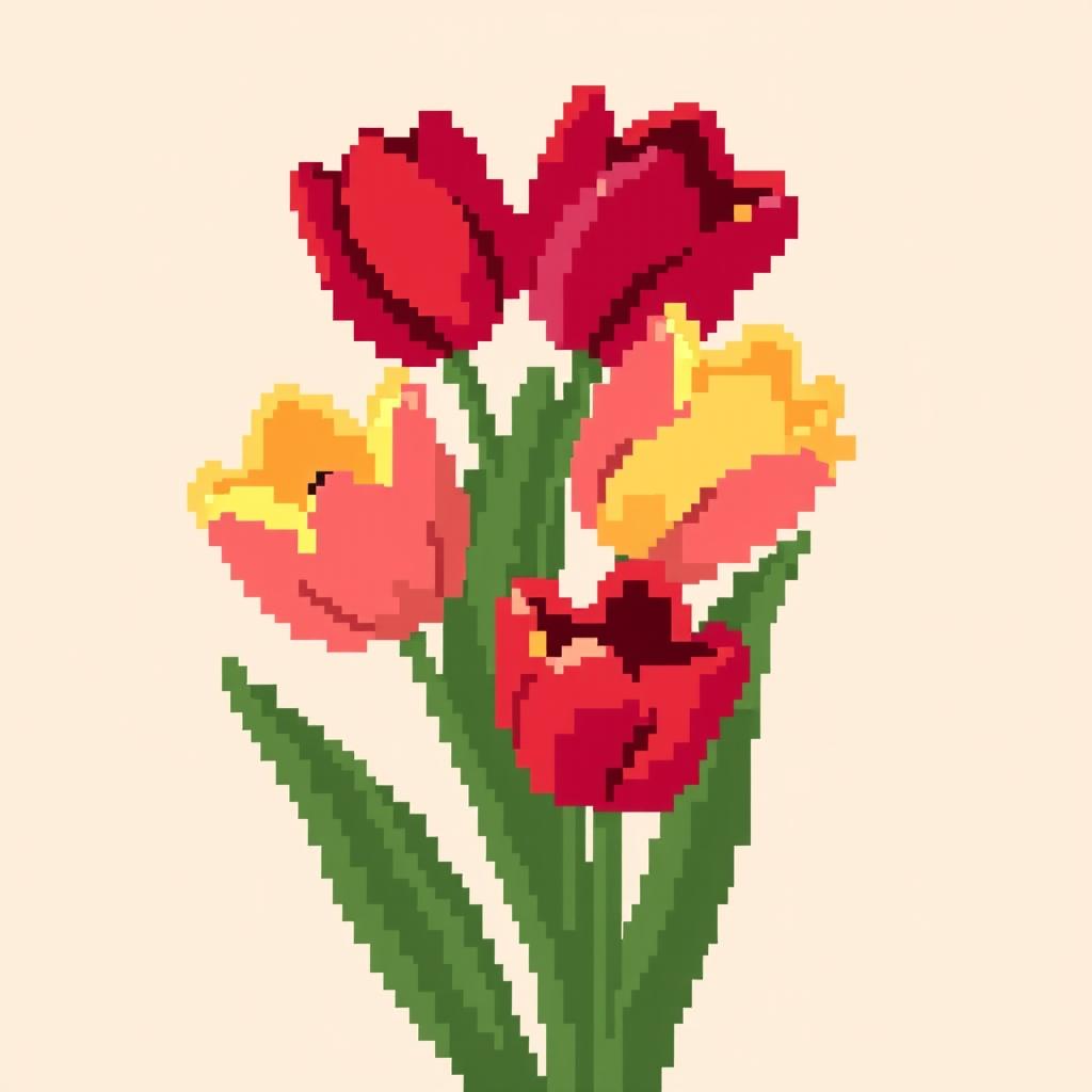 A basic pixelated branch of tulips, featuring vibrant colors and large, blocky pixels creating a retro, digital art aesthetic