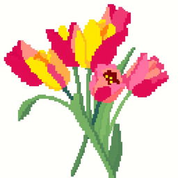 A basic pixelated branch of tulips, featuring vibrant colors and large, blocky pixels creating a retro, digital art aesthetic