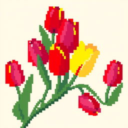 A basic pixelated branch of tulips, featuring vibrant colors and large, blocky pixels creating a retro, digital art aesthetic