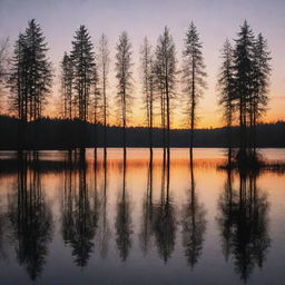 A beautiful sunset view over a serene lake with silhouettes of tall trees.