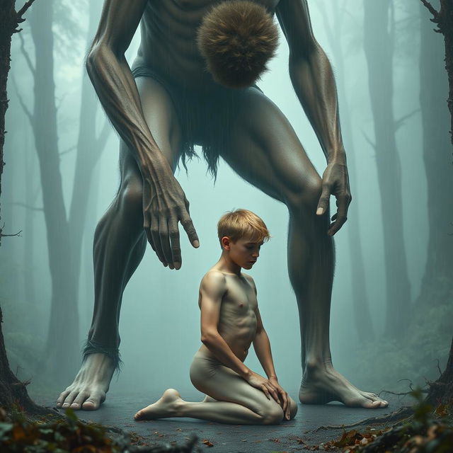 A tall giant with a thin, hairy body and emaciated masculine obliques kneels above a small, smooth, blonde young man who is hairless and petite