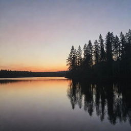 A beautiful sunset view over a serene lake with silhouettes of tall trees.