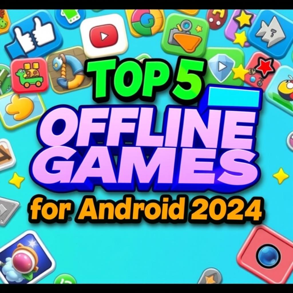 A vibrant and eye-catching YouTube thumbnail showcasing the title 'Top 5 Offline Games for Android 2024'