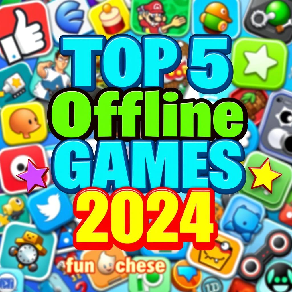 A vibrant and eye-catching YouTube thumbnail showcasing the title 'Top 5 Offline Games for Android 2024'