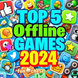 A vibrant and eye-catching YouTube thumbnail showcasing the title 'Top 5 Offline Games for Android 2024'