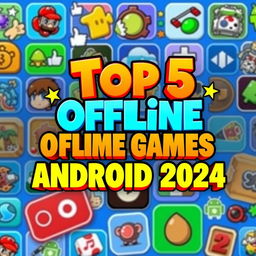 A vibrant and eye-catching YouTube thumbnail showcasing the title 'Top 5 Offline Games for Android 2024'