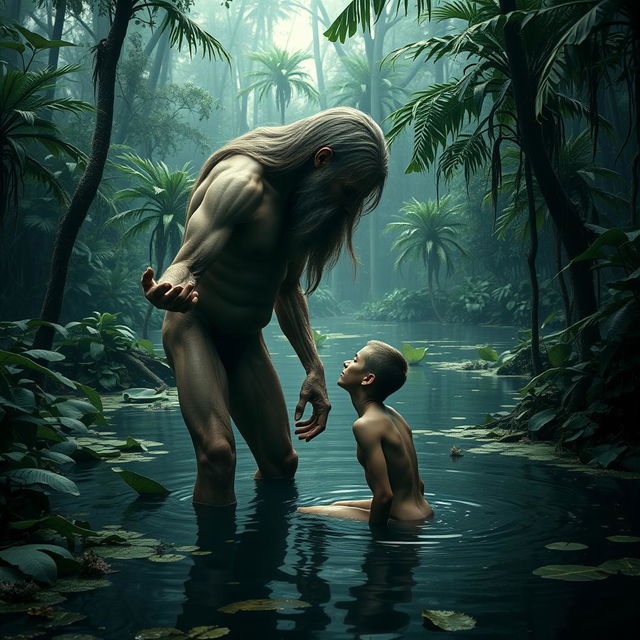 In a lush, murky swamp, a tall, emaciated giant with long hair and a bushy beard looms above