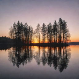 A beautiful sunset view over a serene lake with silhouettes of tall trees.