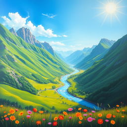 A serene landscape painting depicting a lush green valley surrounded by towering mountains under a bright blue sky