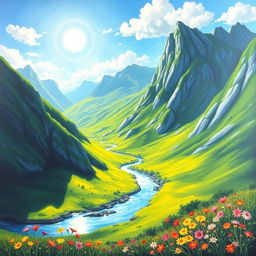 A serene landscape painting depicting a lush green valley surrounded by towering mountains under a bright blue sky