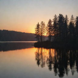 A beautiful sunset view over a serene lake with silhouettes of tall trees.