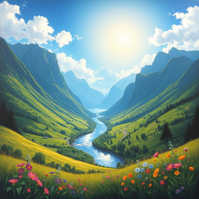 A serene landscape painting depicting a lush green valley surrounded by towering mountains under a bright blue sky