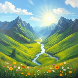 A serene landscape painting depicting a lush green valley surrounded by towering mountains under a bright blue sky