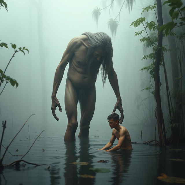 In a mysterious, fog-laden swamp, a nude, emaciated giant with long hair and a flowing beard stands tall