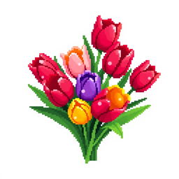 A highly pixelated design featuring a bouquet of tulips, created with a retro pixel art style