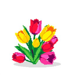 A highly pixelated design featuring a bouquet of tulips, created with a retro pixel art style