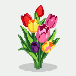 A highly pixelated design featuring a bouquet of tulips, created with a retro pixel art style