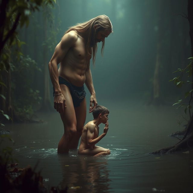 In a shadowy swamp, a nude, emaciated giant with long hair and a beard stands tall, his masculine and skinny physique highlighted by defined obliques