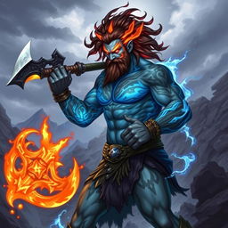 A striking Dungeons and Dragons style illustration of a level 5 genasi barbarian named Darwak, who follows the Path of the Berserker