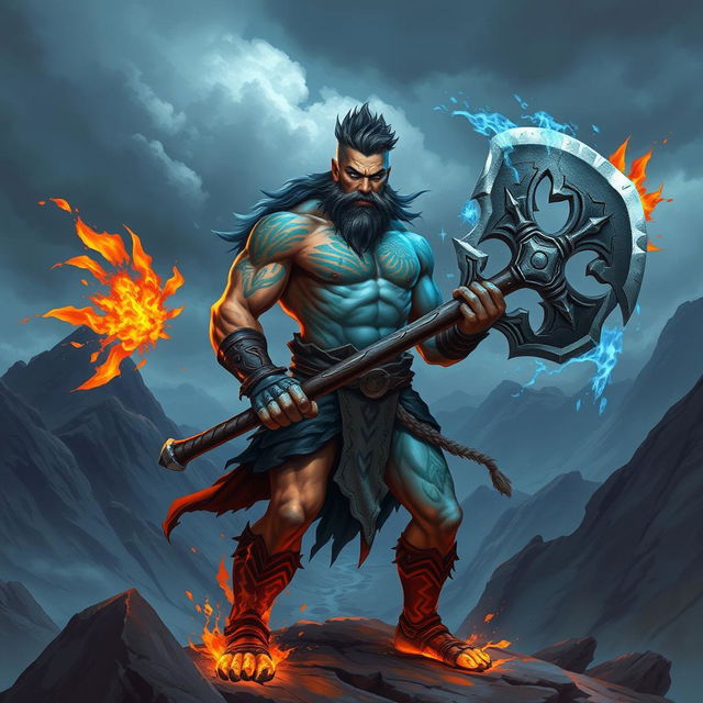 A striking Dungeons and Dragons style illustration of a level 5 genasi barbarian named Darwak, who follows the Path of the Berserker