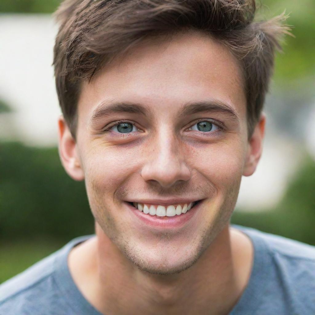 Portrait of a young man with bright eyes and a confident smile, exuding youthful energy.