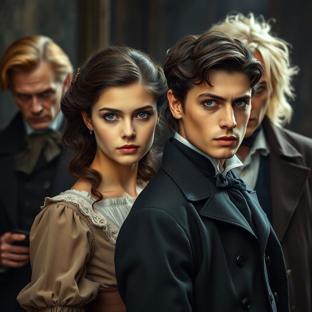 A striking scene featuring two main characters: a very attractive young man with short, dark wavy hair and captivating grey eyes, dressed in stylish 1850s attire