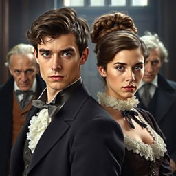 A striking scene featuring two main characters: a very attractive young man with short, dark wavy hair and captivating grey eyes, dressed in stylish 1850s attire