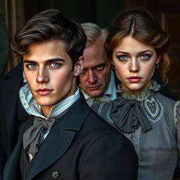 A striking scene featuring two main characters: a very attractive young man with short, dark wavy hair and captivating grey eyes, dressed in stylish 1850s attire