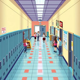 A school hallway depicted in a top-down pixel art style, featuring vibrant colors and detailed elements that capture the essence of a lively educational environment