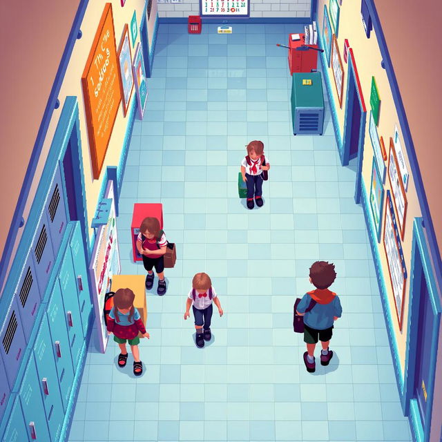 A school hallway depicted in a top-down pixel art style, featuring vibrant colors and detailed elements that capture the essence of a lively educational environment