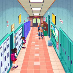 A school hallway depicted in a top-down pixel art style, featuring vibrant colors and detailed elements that capture the essence of a lively educational environment