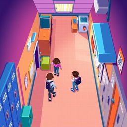 A school hallway depicted in a top-down pixel art style, featuring vibrant colors and detailed elements that capture the essence of a lively educational environment