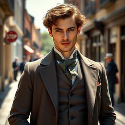 A very attractive man with brown curly hair and striking grey eyes, dressed in a meticulously crafted 1850s inspired outfit