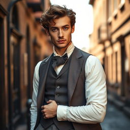 A very attractive man with brown curly hair and striking grey eyes, dressed in a meticulously crafted 1850s inspired outfit