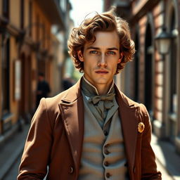 A very attractive man with brown curly hair and striking grey eyes, dressed in a meticulously crafted 1850s inspired outfit