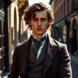 A very attractive man with brown curly hair and striking grey eyes, dressed in a meticulously crafted 1850s inspired outfit