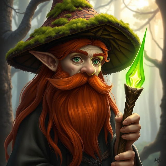 A detailed depiction of a Dungeons & Dragons character: a red-haired dwarf with long flowing hair and a thick long beard