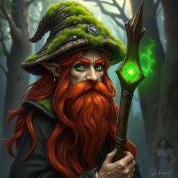 A detailed depiction of a Dungeons & Dragons character: a red-haired dwarf with long flowing hair and a thick long beard