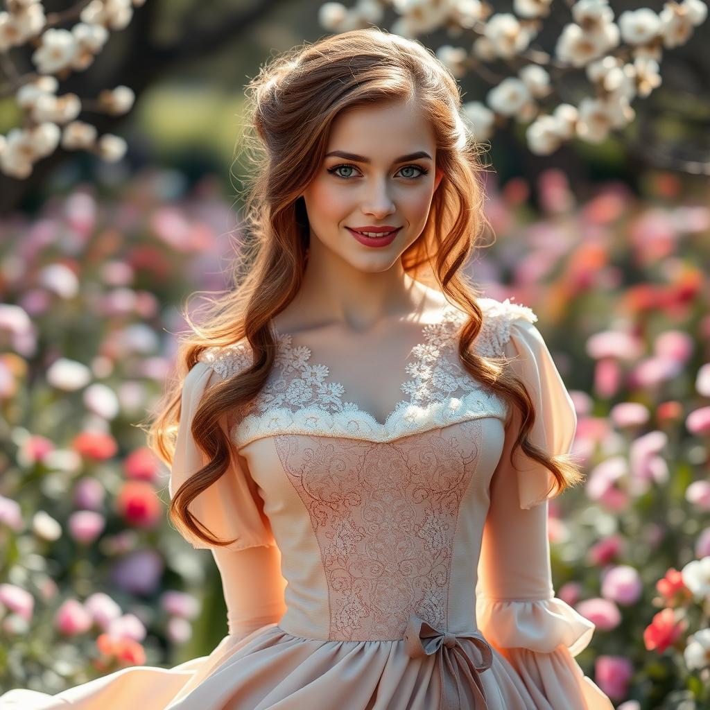 A stunning young woman with beautiful brown hair and captivating blue eyes, dressed in an exquisite 1850s inspired outfit