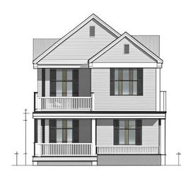 A west-facing front elevation design of a building that is 22 feet wide and 40 feet tall, with a staircase on the right side.