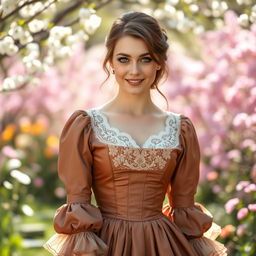 A stunning young woman with beautiful brown hair and captivating blue eyes, dressed in an exquisite 1850s inspired outfit