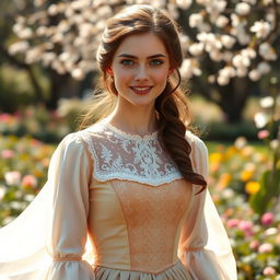 A stunning young woman with beautiful brown hair and captivating blue eyes, dressed in an exquisite 1850s inspired outfit