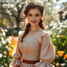 A stunning young woman with beautiful brown hair and captivating blue eyes, dressed in an exquisite 1850s inspired outfit