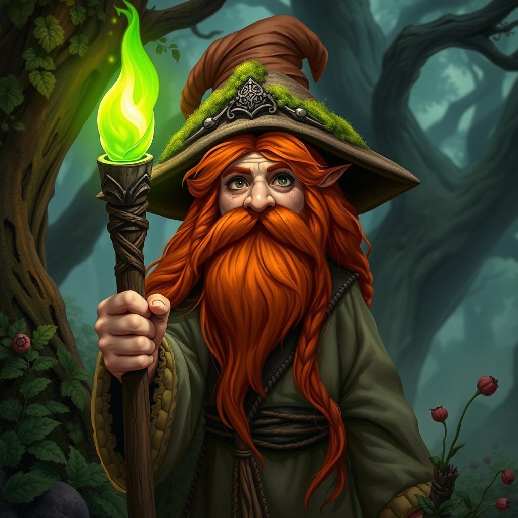 A Tolkien-inspired depiction of a Dungeons & Dragons character: a red-haired dwarf with long flowing hair and a thick, long beard