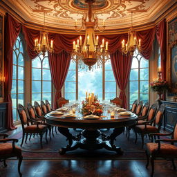 An opulent 1800s inspired dining room designed for royalty, filled with exquisite details that suggest a sense of fantasy romance