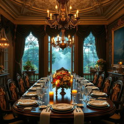 An opulent 1800s inspired dining room designed for royalty, filled with exquisite details that suggest a sense of fantasy romance